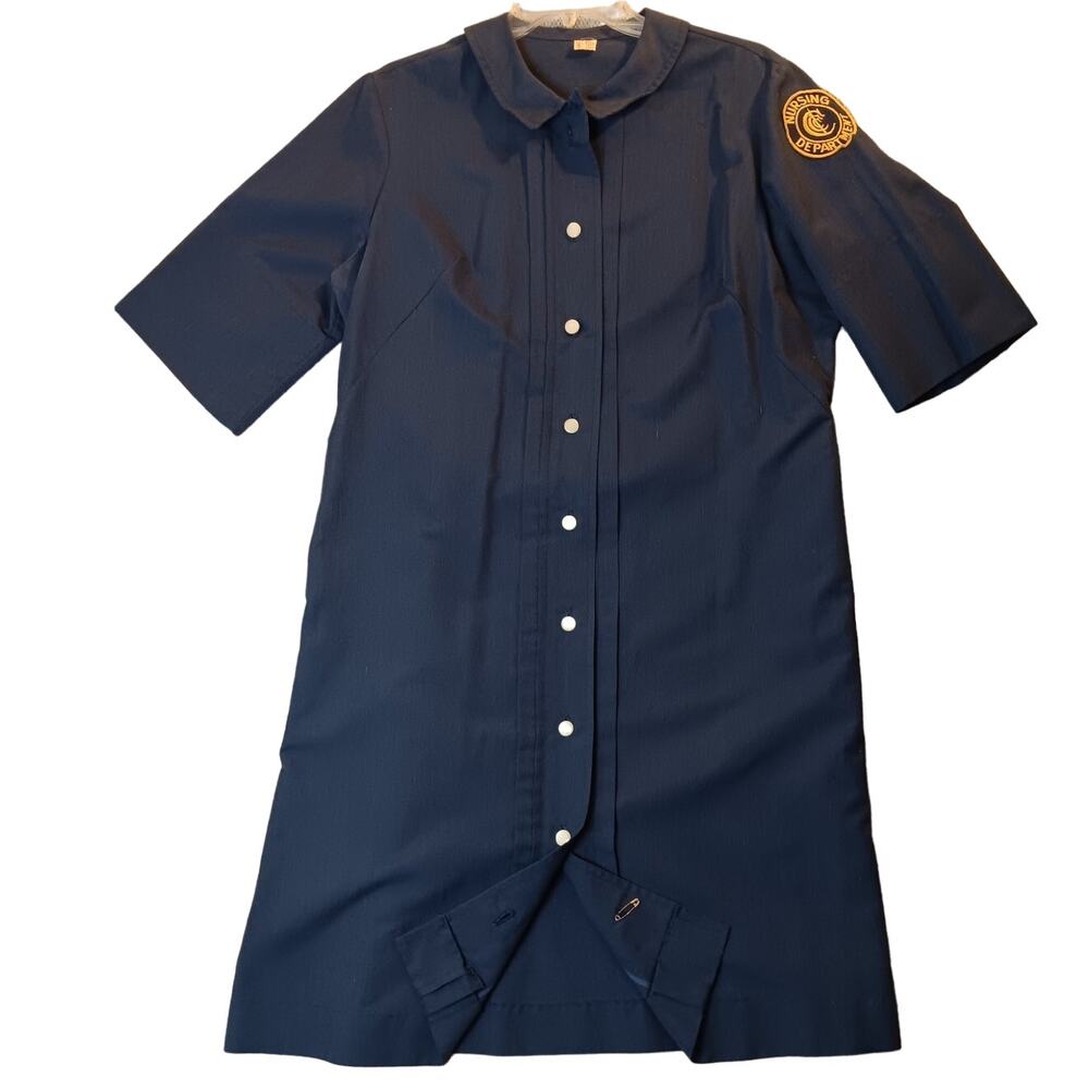 Vtg Hospitex Nurse Scrub Dress 42 Navy Blue Button‎ Up Patch 50s 60s